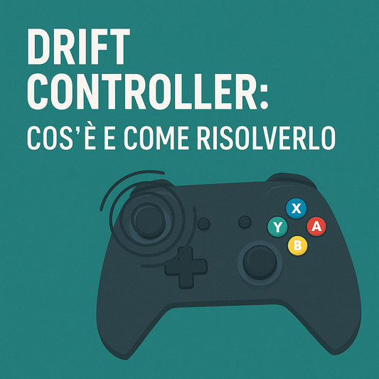 Problema drift controller: cos’è e come risolverlo. Grafica informativa con pad e testo per blog Giochi per Nerd.