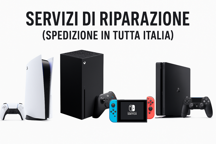 Immagine promozionale per i servizi di riparazione console con spedizione in tutta Italia. Mostra PS5, Xbox Series X, Nintendo Switch e PS4 con design pulito e professionale.