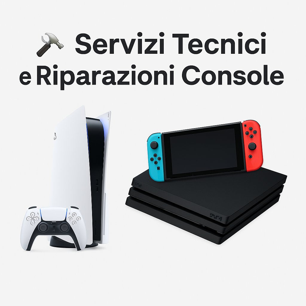 Servizi tecnici e riparazioni console con PS5, Nintendo Switch e PS4 su sfondo neutro – banner promozionale per assistenza console gaming per Lucera e provincia di Foggia