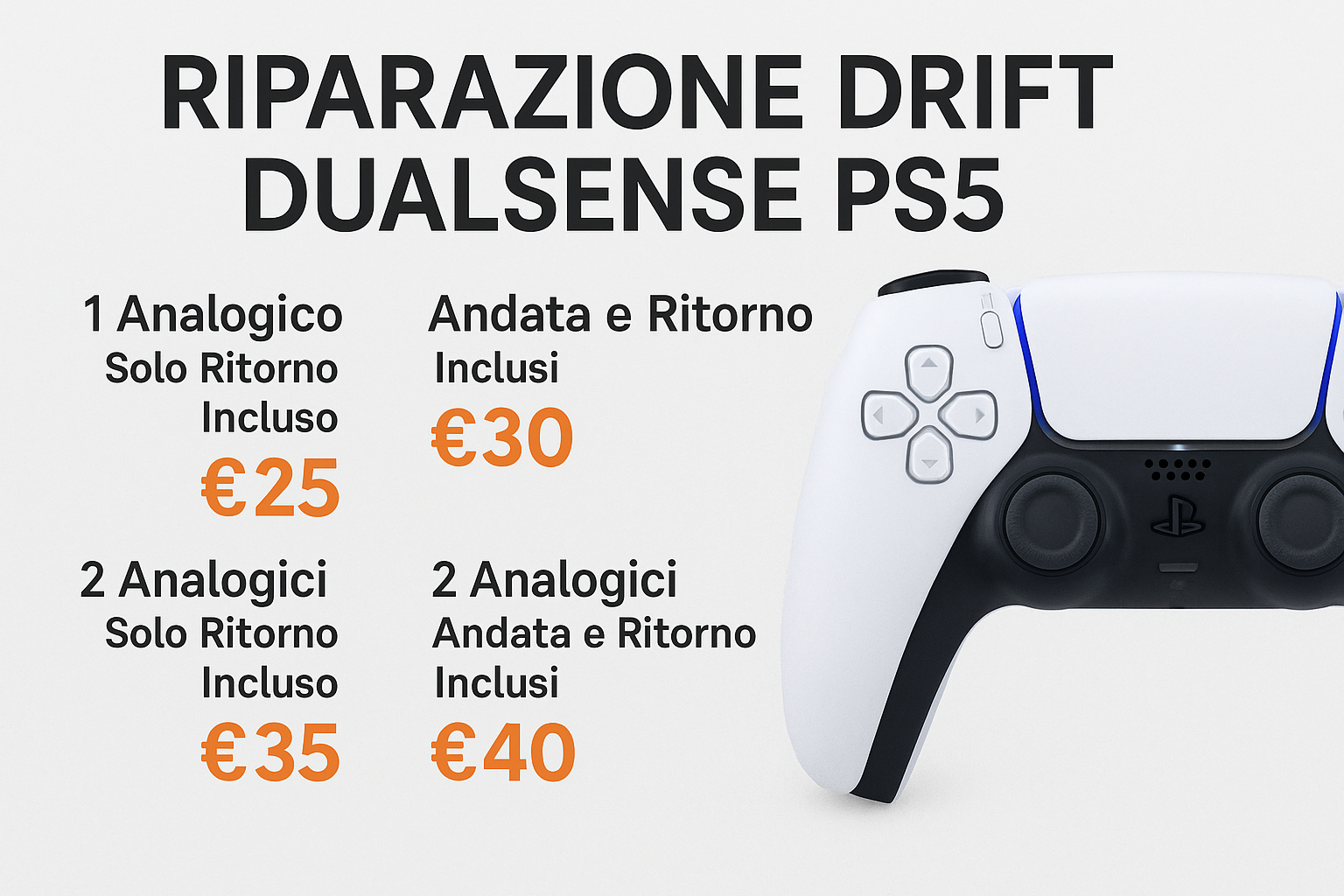 Immagine promozionale per la riparazione drift controller DualSense PS5 con prezzi e spedizione inclusa. Servizio disponibile in tutta Italia e in provincia di Foggia.