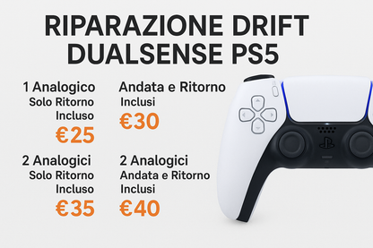 Immagine promozionale per la riparazione drift controller DualSense PS5 con prezzi e spedizione inclusa. Servizio disponibile in tutta Italia e in provincia di Foggia.