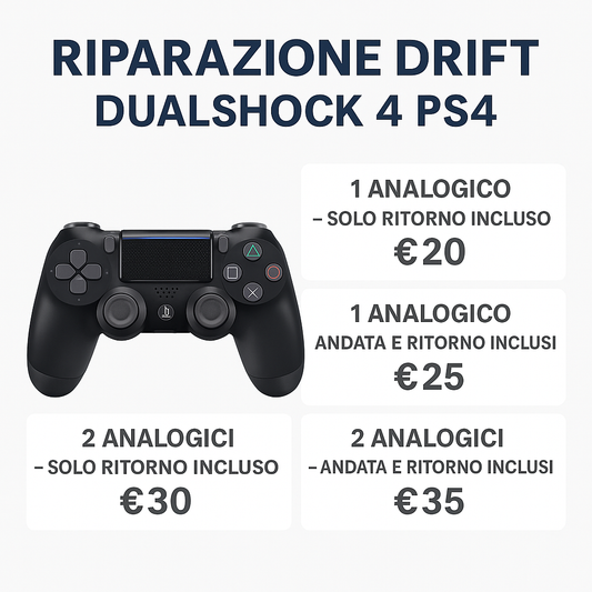 Immagine promozionale per la riparazione del drift su controller PS4 DualShock 4, con prezzi e spedizione inclusa. Servizio disponibile in tutta Italia e a Foggia.